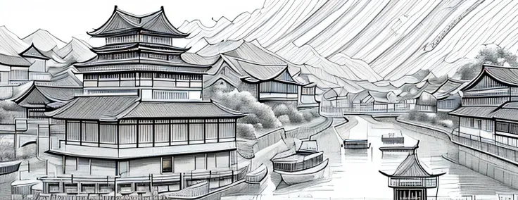 black and white drawing of a river with boats and buildings in it, cg society contest winner, modern european ink painting, chinese brush pen illustration, dreamy chinese town, detailed art, highly detailed illustration, traditional korean city, highly det...