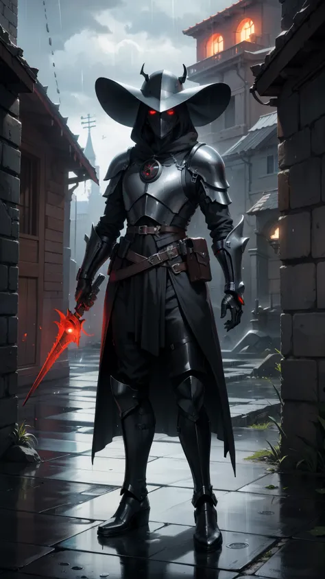 masterpiece, best quality, ultra high resolution, plague doctor inspired, futuristic body armour, full face helmet, red glowing eye, raining, black body armour, full body, darkness, standing