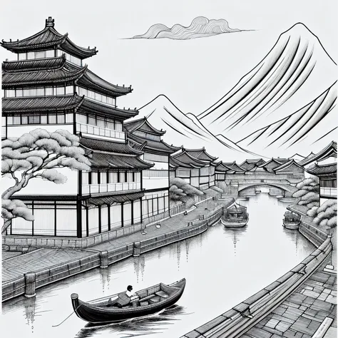 black and white drawing of a river with boats and buildings in it, cg society contest winner, modern european ink painting, chinese brush pen illustration, dreamy chinese town, detailed art, highly detailed illustration, traditional korean city, highly det...