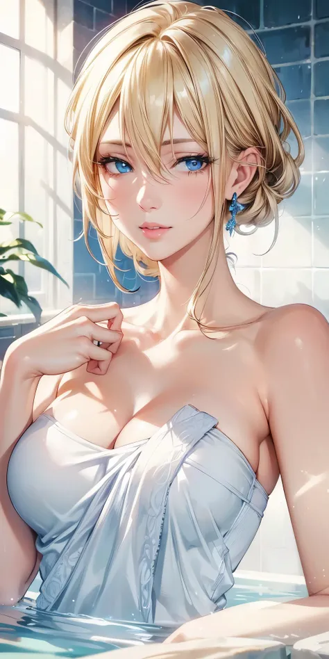 (best quality, highres, realistic), portrait, Elegant mature woman, blue eyes, blonde, big breast, high resolution cg 8k, beautiful cg, soft light