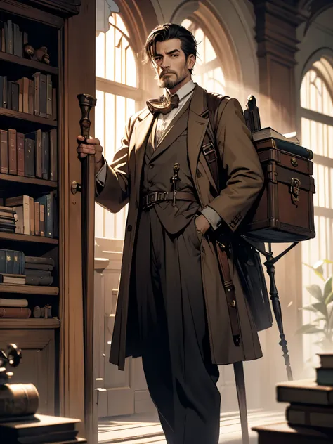 god of knowledge, arts, crafts & ingenuity. he has a monocle. he has a book carrier. he has a cane. it is male.