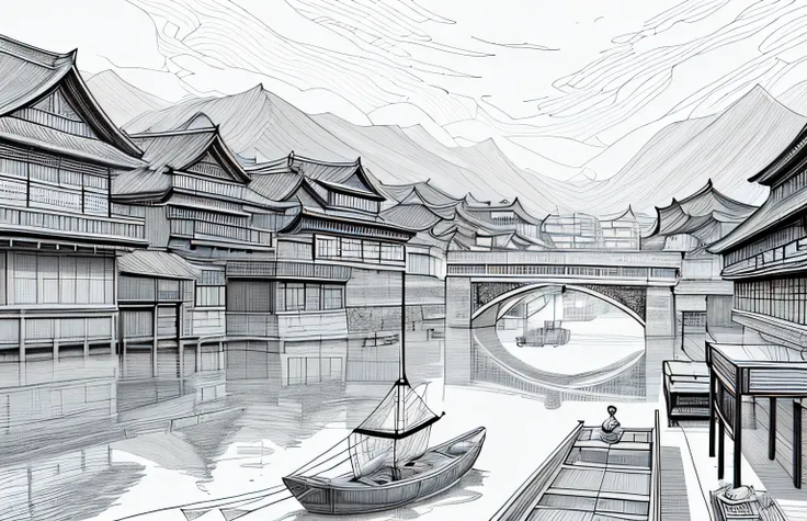 black and white drawing of a river with boats and buildings in it, cg society contest winner, modern european ink painting, chinese brush pen illustration, dreamy chinese town, detailed art, highly detailed illustration, traditional korean city, highly det...