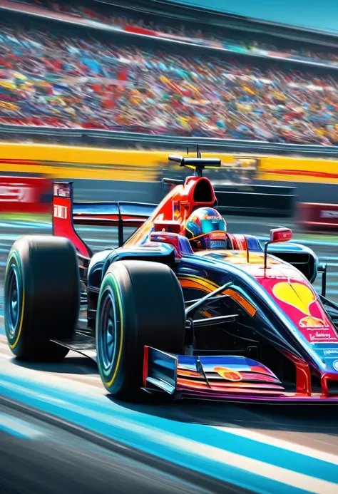 capture thrilling moments as a sophisticated f1 racing car races through a vibrant circuit field. each line and curve of the car...