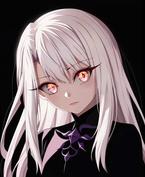 high resolution, highly detailed, perfect lighting, beautiful detailed eyes,   upper body, black background, 1girl, solo, looking at viewer,   zzillaaa, official alternate costume, long hair, white hair, illyasviel von einzbern, Fate/kaleid liner head tilt...