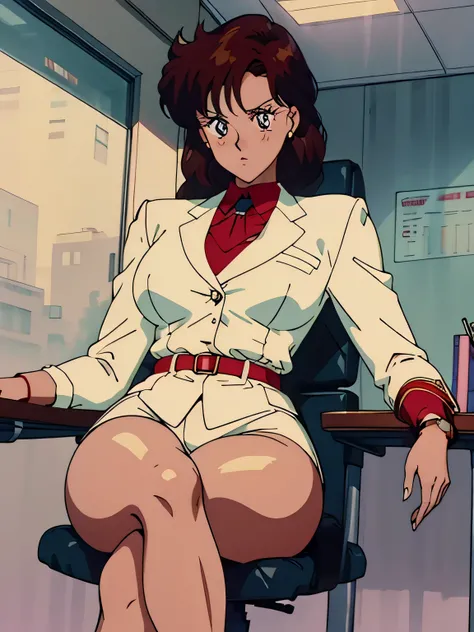 perfect, highly detailed, cinematic, perfect body parts, aesthetic, blonde business women in office, office in background, 4k, hd, attitude, brown hair, shiny body, thick thighs, seductive , perfect pose, anime, retro, 90s, sitting on chair 