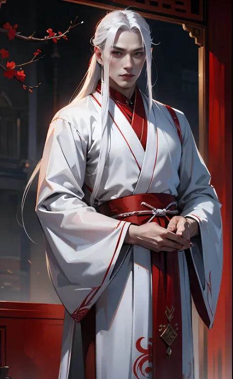 Lord Shen, Asian male, albino, long white hair, red eyes, strong build, sexy handsome, silver-white hanfu with scarlet patterns on the hem, hd