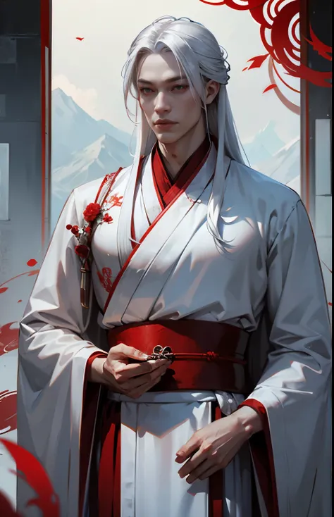 Lord Shen, Asian male, albino, long white hair, red eyes, strong build, silver-white hanfu with scarlet patterns on the hem