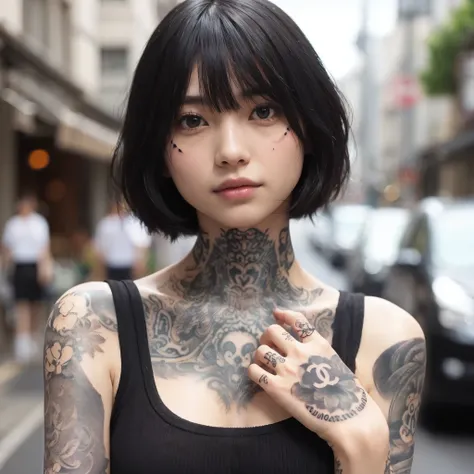 Photoreal、realistic skin texture,  (((facial tattoo))),(((full body tattoo))), Photo realistic, High resolution, detailed background, detailed beautiful skin, detailed nose, soft lighting, (solo shot:1.23), (upper body:1.1), closed shot, looking at viewer,...