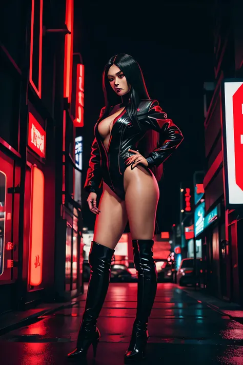 black long haired Asian woman with red pupils. pvc black clothing. leotard, red jacket, knee high boots. gothic theme, with neon lights. sinister character. in a cyberpunk setting