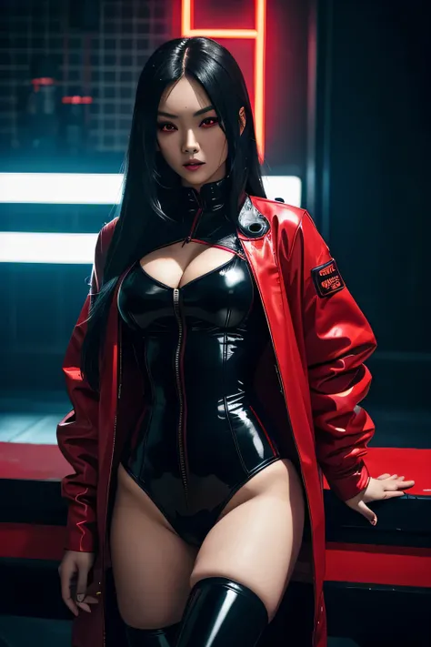 black long haired Asian woman with red pupils. pvc black clothing. leotard, red jacket, knee high boots. gothic theme, with neon lights. sinister character. in a cyberpunk setting