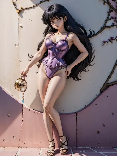 Garota anime de cabelo escuro com saia purple meio transparente pink e espartilho, 16 anos, corpo bonito, seios grandes, com hand in panties , hand in hair, Garota sensual, purple cabelo, mechas de cabelo laterais, mechas de cabelo na lateral do rosto, bea...