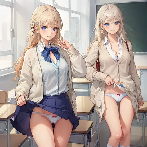 ((1 girl:1.5))、(smile:1.5)、small breasts、（cowboy shot）、(fun!!)、(white cardigan:1.5)、(blonde)、blush、(single braid)、(eye highlights:1.3)、blake black shoes,(黒いskirt:1.5)、bow, button, shirt with collar, long sleeve,  ((red bow tie, ,, white shirt, チェック柄のskirt:...