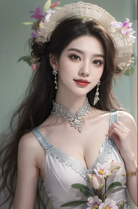 lace dress1, ((cowboy shot)), Redlip, A mature woman, cosmetics, photorealistic、real photograph、((realistically:1.5))、There are white phalaenopsis around the hair，Lilac dendrobium、white lilies、1 rapariga、Brown hair、floated hair、A plump chest, slim toned bo...