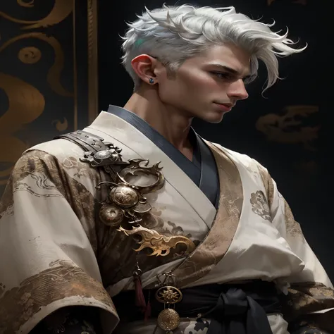 a close up of a young male, white kimono , handsome demon boy, hyperdetailed fantasy character, white hair, arrogant smile