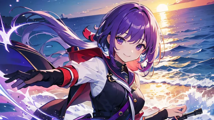 (T Masterpiece，4k wallpaper，best quality))、((girl１people))、(solo)、Shining and vivid，(purple hair)、(shortcut:1.3)、smile、uniform、Ocean、battleship