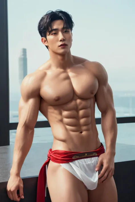 best illustration, best quality, Magnificent Background, a muscular, wealthy and sexy asian man wearing a thai traditional loincloth. The man has a sculpted physique and is clearly in good shape. He is wearing a loincloth that reveals his muscular buttocks...