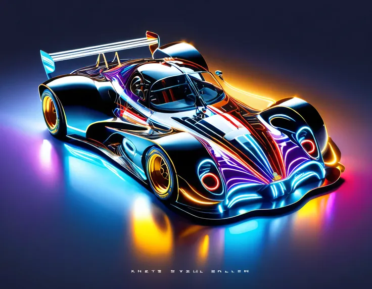 capture the thrilling moments of a sophisticated racing car racing through a vibrant circuit field. each line and curve of the c...