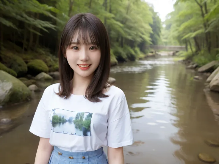 cute and pure girl, single ponytail, bangs, Melon face, beside the stream, behind a forest, some small stones in the river, smile, Big eyes, Some white clouds are floating in the blue sky, wearing a blue skirt,