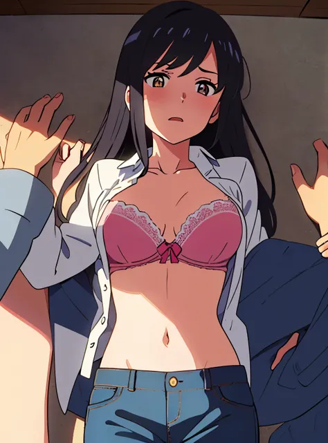 shinkai makoto, kimi no na wa., POV (pov viewers hands unbuttoning girls shirt),1girl, bangs, black hair, brown eyes, worried eyes, open mouth, twisted half up, red ribbon, long hair, long sleeve light yellow cardigan, open shirt, white shirt, unbuttoned, ...