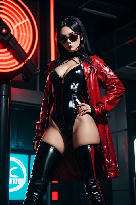 black long haired Asian woman with red pupils. pvc black clothing. leotard, red jacket, knee high boots, black sun glasses. gothic theme, with neon lights. sinister character. in a cyberpunk setting