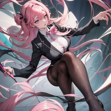 Masterpiece of Extremely Detailed CG Unity 8k Wallpaper: A girl with pink hair and heart-shaped eyes, dressed in a business suit, poses with a top-down and bottom-up perspective. Her beautiful, detailed eyes remain the focus with realistic, large pupils th...