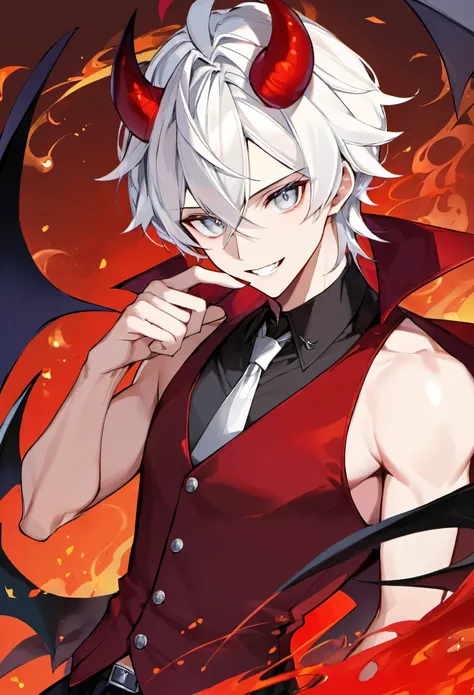 Red skin, demon guy, handsome, white eyes, Pointed teeth, white hair, horns, a handsome and hot guy, big Pennie.