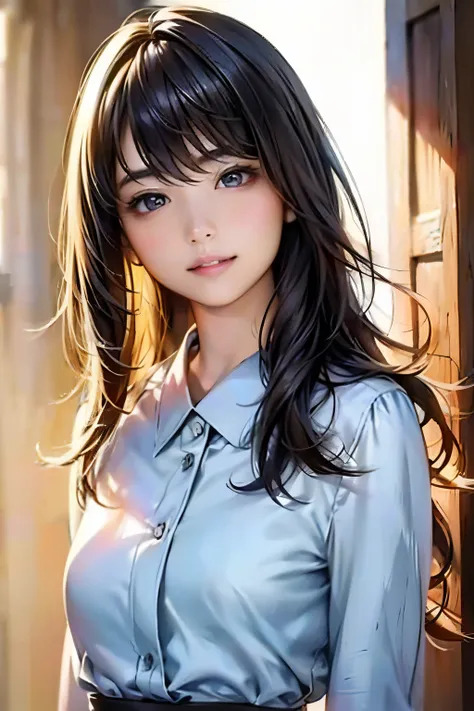 (8K, Raw photo, highest quality, masterpiece:1.2), (realistic, photo-realistic:1.37), Super detailed, ultra high resolution,1 girl,looking at the viewer,Beautiful and dense face,smile,narrow,(slim waist:1.3),shirt, beautiful and smooth skin, skin texture, ...