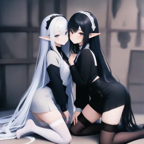 dark elf, 2girls, pointy ears, thighhighs, long hair, kneeling, black hair, looking at viewer, white hair