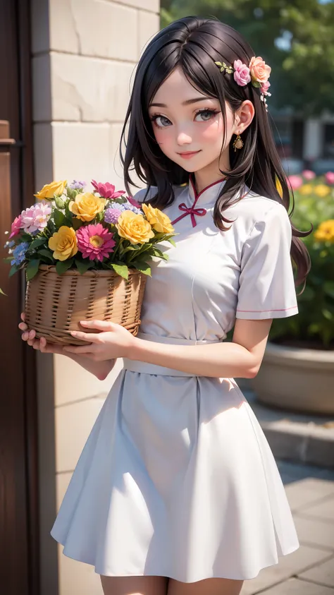 aodai, smile, photographed on a Nikon Z7 II Mirrorless Camera,120mm F/4 wide-angle
a woman in a pink dress  with flowers in it and a (basket of flowers), Ding Yunpeng, phuoc quan, a stock photo, art photography
a woman in a white dress holding a bouquet of...