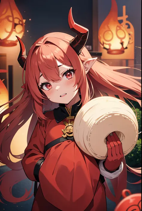 Red skin, anime girl, hentai, big , pretty face, small clothes, long hair, blush, horns, withe hair