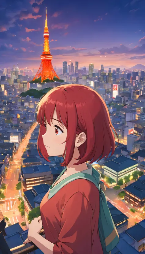 Girl looking up at Tokyo Tower、modern cityscape、１８Year、Redhead bob hair、looking here、With the big Tokyo Tower in the background、one piece、