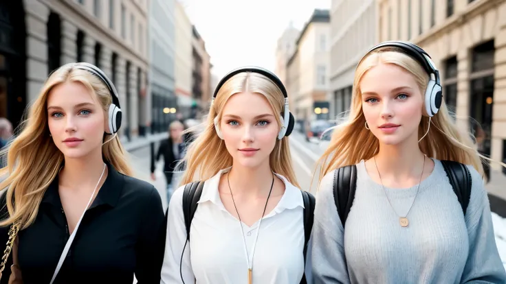 beautiful 18yo american supermodels walking, smiling, looking at viewer, slender figure, blonde, detailed face, realistic eyes, detailed eyes, facing straight at camera, fujifilm xt3, wearing AirPods, (headphone) (headphone)