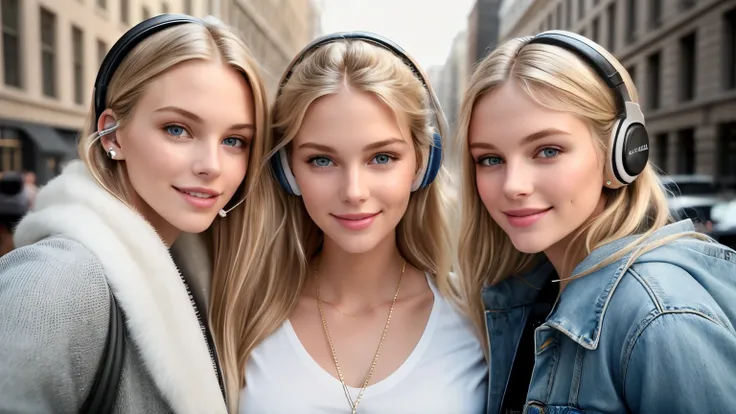 beautiful 18yo american supermodels walking, smiling, looking at viewer, slender figure, blonde, detailed face, realistic eyes, detailed eyes, facing straight at camera, fujifilm xt3, wearing AirPods, (headphone), (headphone), (smile), (smile)