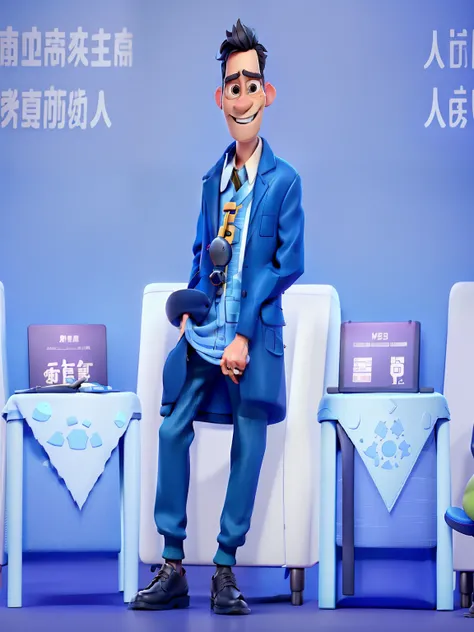 men，elder，short black hair，blue suit and pants，black leather shoes，speak with microphone，Smile，Pixar style