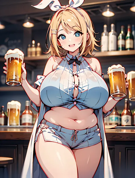 Erotic Anime Illustration、High resolution、A plump gal who seduces at a beer hall、beautiful eyes、lovelive、Kagamine rin、calm colors、ecstatic expression、Overwhelming huge breasts that go beyond common sense、thick legs with fat、perfect proportions、cowboy shot