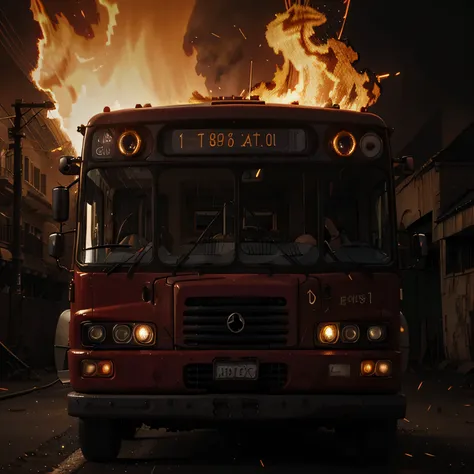 Bus from hell, bus with satanic paraphernalia, fiery lungs rise up, sparks, complex parts, Horrible, epic rendering quality, Cinematic light, 8 k