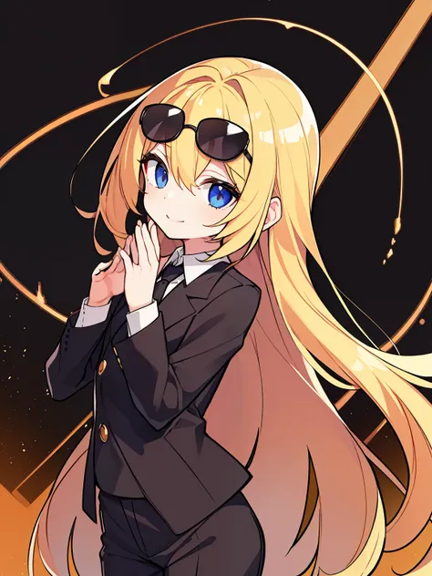 (highest quality、masterpiece:1.2) ((1 girl)) golden hair、black eye、half up、elegant (black suit、cutter shirt、long pants) (flat chest) beautiful eyes、beautiful hair (smile) sunglasses