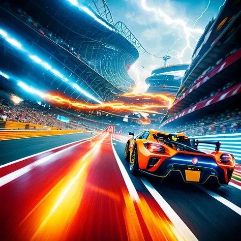 in the heart of an exhilarating futuristic scene, a thrilling race unfolds as racing cars zoom at breakneck speeds on a roller c...