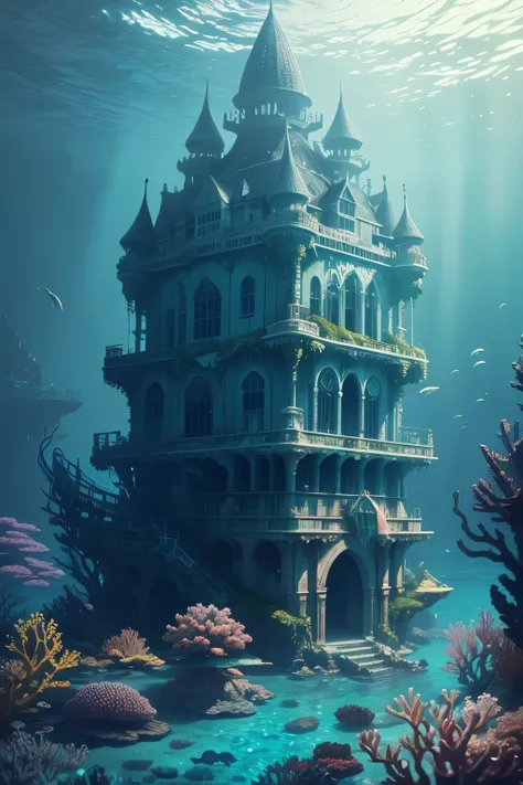 (underwater palace) damaged, under the sea, (coral reefs, moss, undersea life), moss, extremely detailed, high quality, 8k resolution, masterpiece, pastel color scheme, angle from side