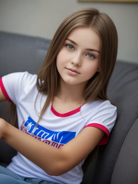 arafed girl sits on a couch with a remote control, beautiful young model, russische freundin, anna nikonova alias newmilky, swee...