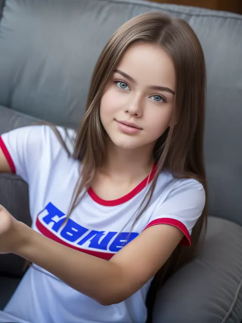 Kristina pimenova sits on a couch with a remote control, beautiful young model, KristinaP, Russische Freundin, Anna Nikonova alias Newmilky, sweet young girl, young and sweet girl, a beautiful teenage girl, Beautiful young girl, Stil von Julia Razumova, D...