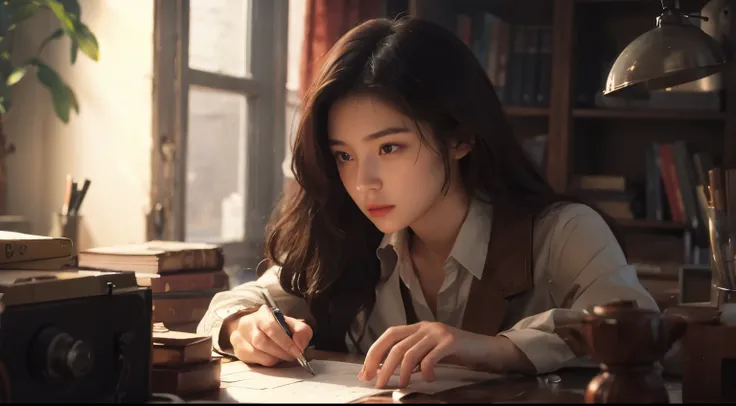 A beautiful archaeologist who continues her research at her desk in an attempt to uncover the truth. Beautiful woman. Dark brown hair. Twenty years old.