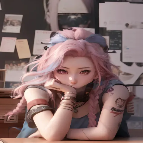 A girl with pink hair sits at the table, Gurwitz style artwork, Realistic anime girl rendering, Realistic anime 3D style, 3D animation realistic, anime styled 3d, anime style. 8K, Realistic anime art style, Rendering of a cute 3D anime girl, 8K soft portra...