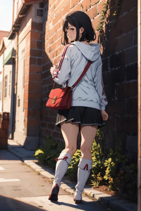 masterpiece,best quality,absurdres,depth of field,1girl,perfect body,looking side,smile,white long tulle skirt,white zipup boots,red soccer jersey,oversized jersey,a luxury brand shoulder bag,stand against the brick wall,full_shot,front view,dynamic_angle,