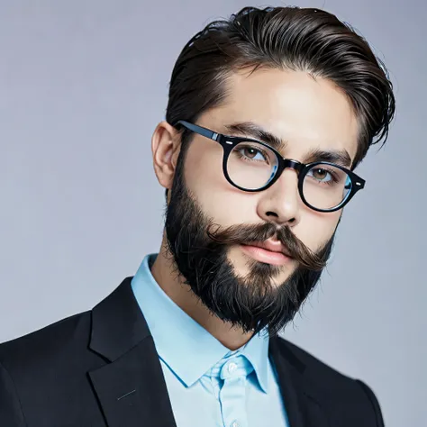 25 year old boy,( thick beard mastech ),sharp cut hair style, glasses, wearing black suit and pastel blue shirt fair skin,thick round face,closeup selfie profile photo, ultra high quality resolutions,8k details, potrait,