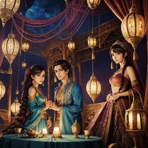 top quality, best quality, High-quality illustrations, masterpiece, super high resolution, detailed background, detailed background, Aladdin, (alebrijes art style),The Arabian palaces Entertainment, Sassanid, turkish lamp,group shot:0.1,  6+women, 6+girls,...