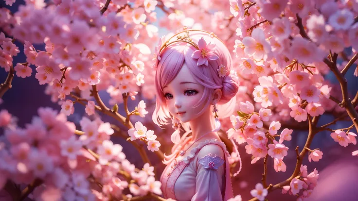 Magic garden miniature scene, delicate cherry blossoms、Softly glowing cherry tree、Illuminated by happy smiling miniatures. 8K Autorealist,Cherry tree in full bloom、girl cherry blossom fairy、、3 heads and bodies、back view