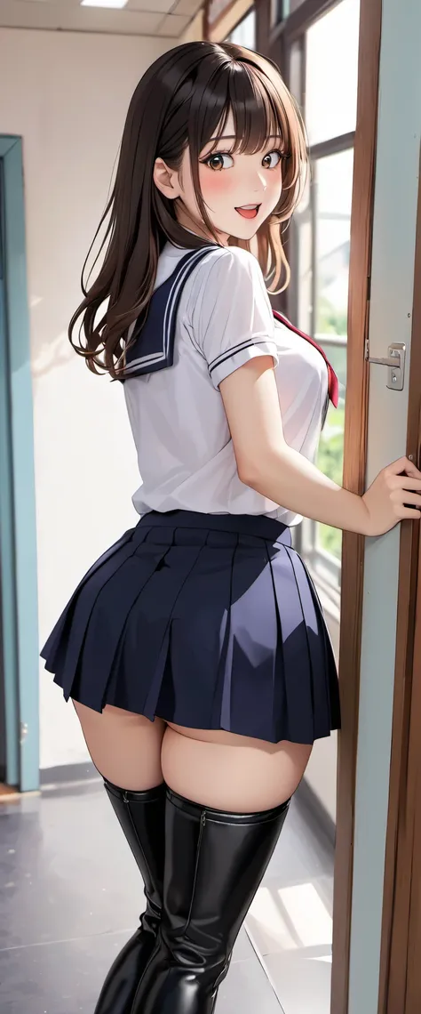 woman,20-year-old,School,noon,(((School uniform in skirt))),,open mouth smile((black leather thigh high boots))(),(big butt),((There is a large amount of  on the thighs.)),blush、surprised face,(((I can see your panties))),((((turn around and look back))))(...