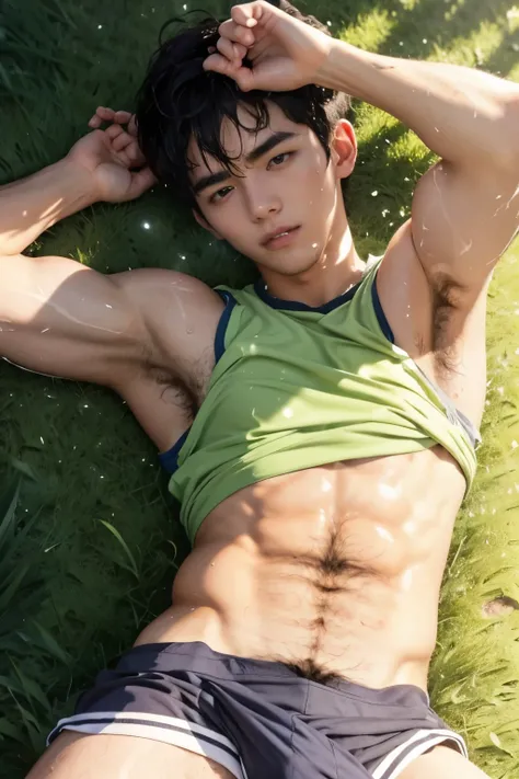 TOP POV, lying down on the field, sleeping, Sport sleeveless shirt, Very sunny day, very wet body, Hairy stomatch, very hairy abs, Very bushy hairy armpits, hairy pubic, hairy crotch, white sleeveless shirt, Super Realistic photography, PROUDLY SHOWING OFF...