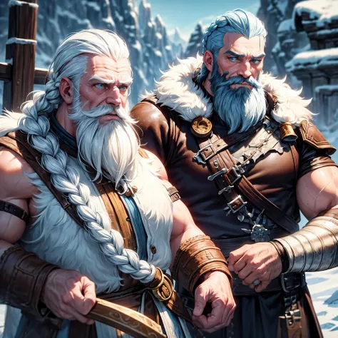 Gruff old dwarf, shaved head with a white braided crest and a white braided beard. Light blue eyes. A scar crosses his face from his forehead to his beard. He is holding a longbow. Dressed in leather and fur, in a snowy mountain landscape